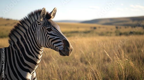 A Zebra's Profile in a Golden Grass Field photo