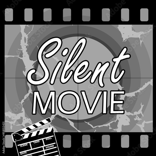 National Silent Movie Day event banner. Film tape and classic movie background with movie clapper to celebrate on September 29th