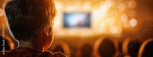  A boy sits in an auditorium chair, his focused gaze toward the front A television screens behind him, casting a soft glow on his unshorn head photo