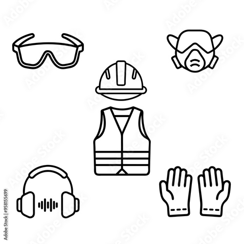 Protective safety things. Protecting equipment. Helmet, protection eye glasses, vest, gloves.