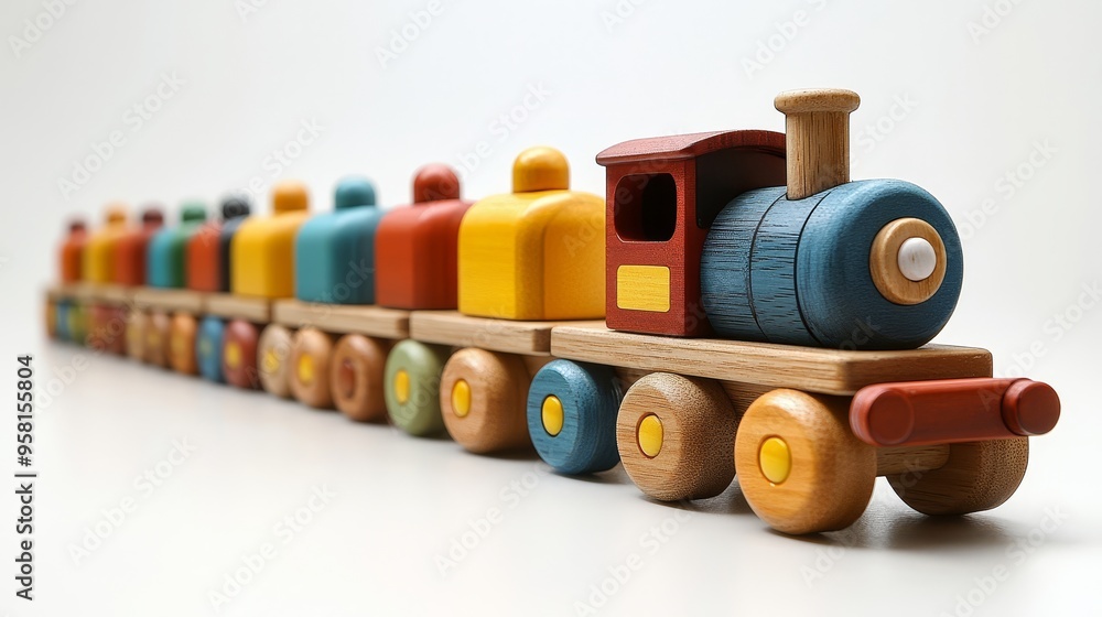 Colorful Wooden Toy Train with Wagon Cars Isolated on White Background Colorful Wooden Toy Train with Wagon Cars Isolated on White Background