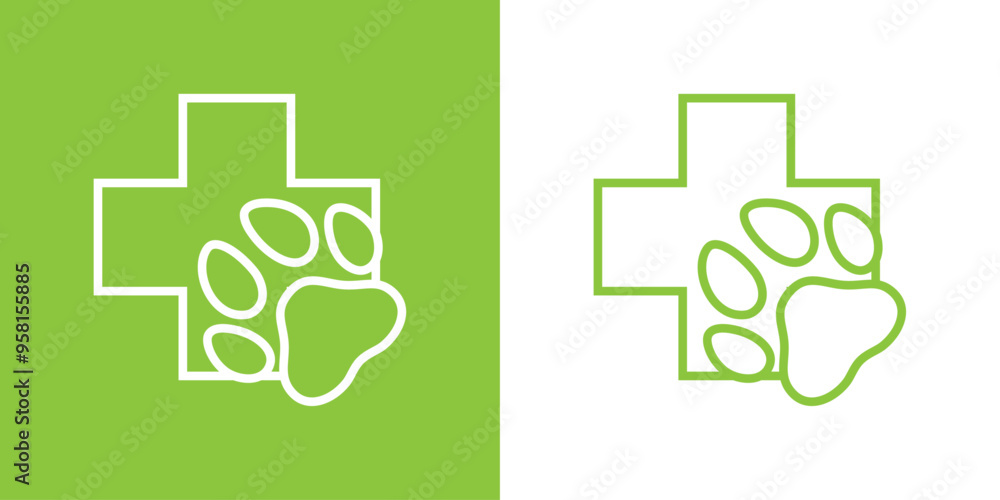 Logo de clínica de mascotas. Silueta con líneas de cruz con pata de gato o perro Logo de clínica de mascotas. Silueta con líneas de cruz con pata de gato o perro