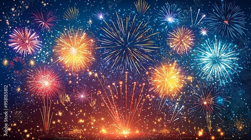 A vibrant display of colorful fireworks lighting up the night sky, featuring a multitude of bursting patterns and sparkling effects. Ideal for festive celebrations.