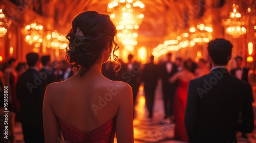 Elegant Woman in Red Dress at a Formal Event with Warm Lighting