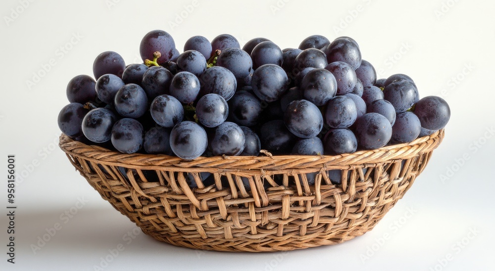 Freshly harvested black grapes in a woven basket on a light background Freshly harvested black grapes in a woven basket on a light background