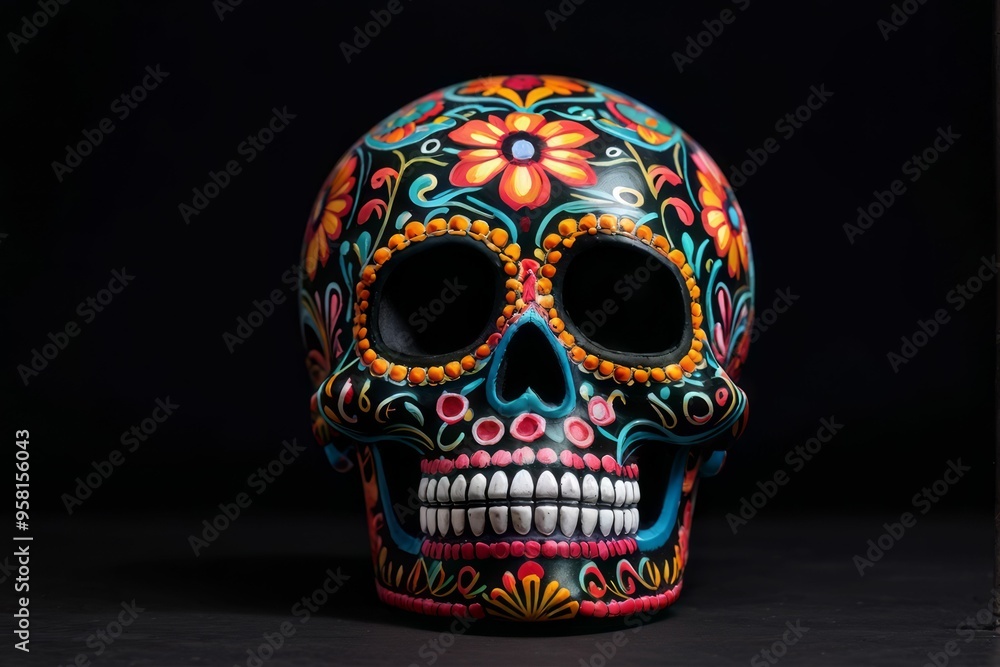Decorated Sugar Skull with Floral Motifs on a Black Background Decorated Sugar Skull with Floral Motifs on a Black Background