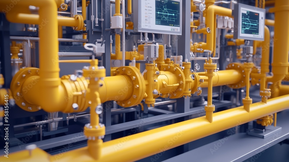 A cross-section of a gas plant highlighting yellow pipes and valves with detailed labels. A cross-section of a gas plant highlighting yellow pipes and valves with detailed labels.