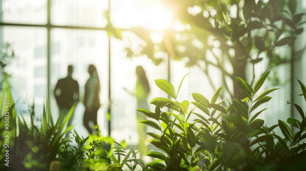 A group of business people walking in an office building with green plants on the glass wall, motion blur and long exposure effect. A group of business people walking in an office building with green plants on the glass wall, motion blur and long exposure effect.