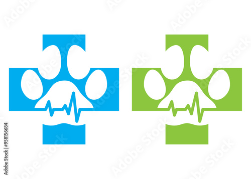 Logo de clínica de mascotas. Silueta de cruz con pata de gato o perro en espacio negativo con latido del corazón
