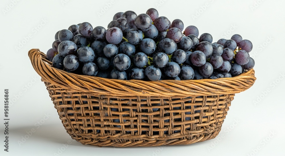 A woven basket filled with fresh black grapes and green leaves on a neutral background A woven basket filled with fresh black grapes and green leaves on a neutral background