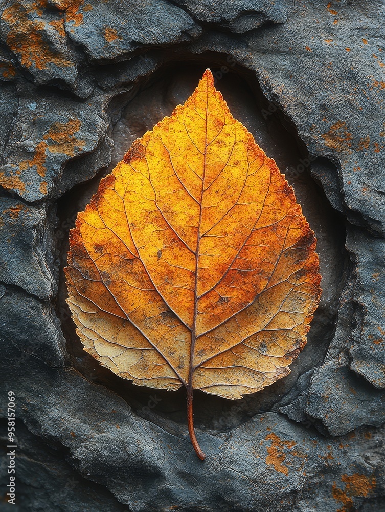 Golden Leaf on Rough Rock Texture Autumn Nature Background Golden Leaf on Rough Rock Texture Autumn Nature Background
