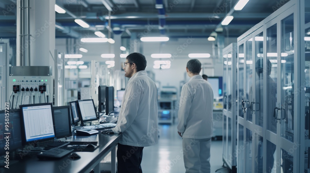 Engineers monitoring automated production lines in a factory, showcasing the precision and efficiency of modern technology. Engineers monitoring automated production lines in a factory, showcasing the precision and efficiency of modern technology.