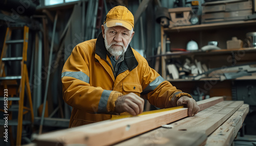 A man in a yellow jacket is working on a piece of wood with a tape measure