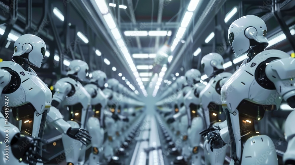 Fototapeta premium Operators control robotic arms on assembly lines. Background for advertising the development of modern technologies, innovations and automation of production processes.