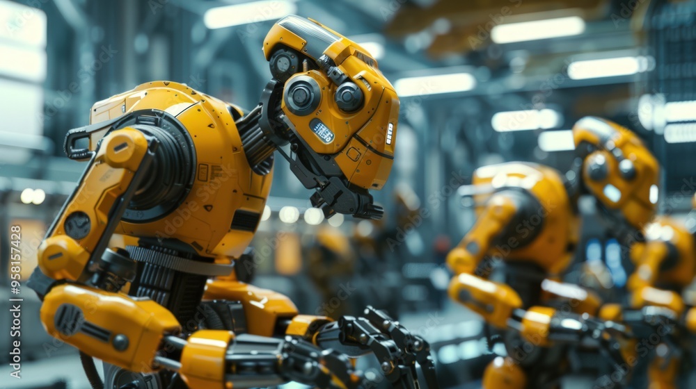 Operators control robotic arms on assembly lines. Background for advertising the development of modern technologies, innovations and automation of production processes. Operators control robotic arms on assembly lines. Background for advertising the development of modern technologies, innovations and automation of production processes.