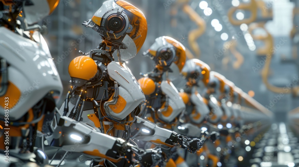 Fototapeta premium Operators control robotic arms on assembly lines. Background for advertising the development of modern technologies, innovations and automation of production processes.