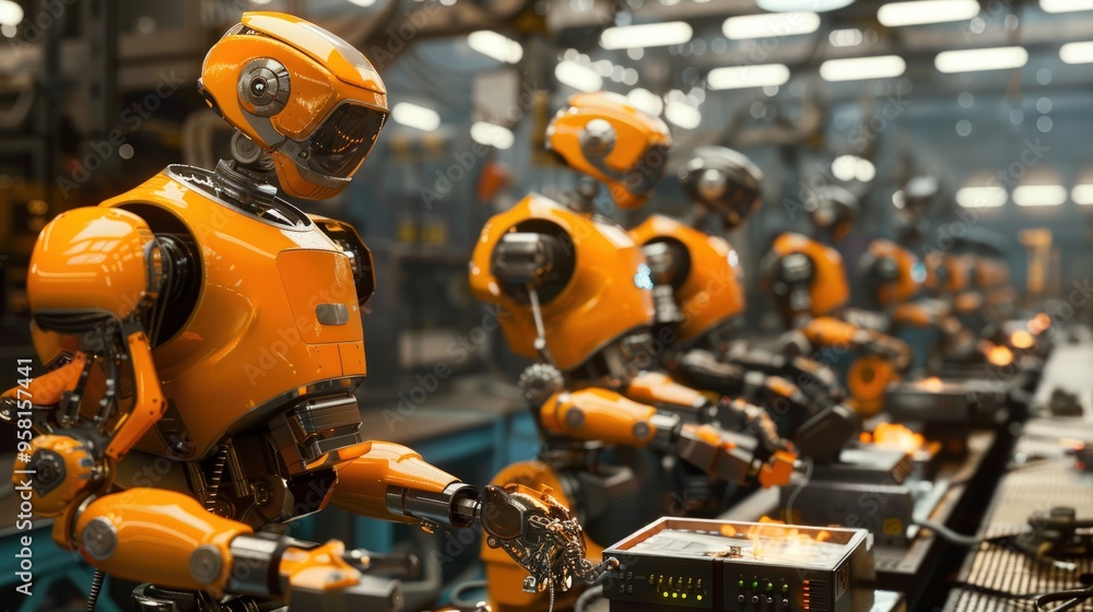 Operators control robotic arms on assembly lines. Background for advertising the development of modern technologies, innovations and automation of production processes. Operators control robotic arms on assembly lines. Background for advertising the development of modern technologies, innovations and automation of production processes.
