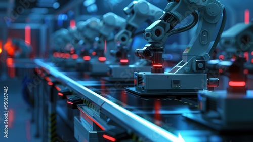 Operators control robotic arms on assembly lines. Background for advertising the development of modern technologies, innovations and automation of production processes.