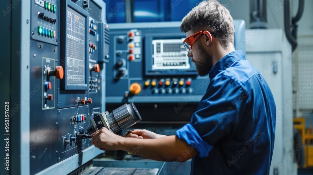 Workers programming CNC machines. Advertising background. Manufacturing processes of factories and plants. Workers programming CNC machines. Advertising background. Manufacturing processes of factories and plants.