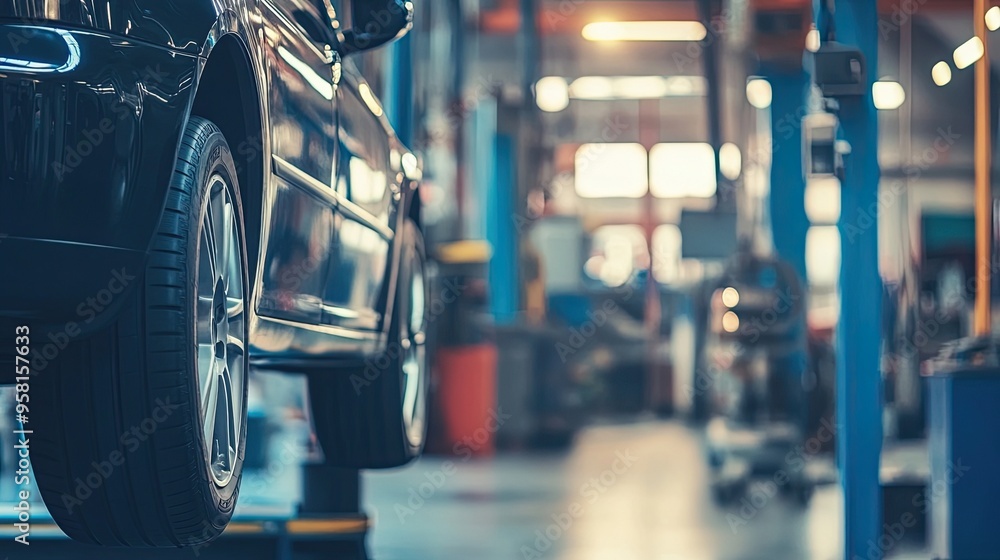 Car Maintenance Service in Repair Shop Garage: Vehicle in Auto Repair Station Undergoing Service and Repairs at a Car Workshop. Car Maintenance Service in Repair Shop Garage: Vehicle in Auto Repair Station Undergoing Service and Repairs at a Car Workshop.