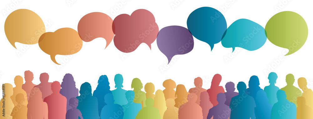 © melita - Communication across diverse cultures - Multicultural dialogue represented by colored silhouette and speech bubbles of multiethnic individuals. Front-view. Diversity equality inclusion © melita - Communication across diverse cultures - Multicultural dialogue represented by colored silhouette and speech bubbles of multiethnic individuals. Front-view. Diversity equality inclusion