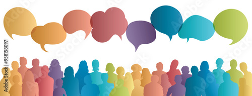 Communication across diverse cultures -  Multicultural dialogue represented by colored silhouette and speech bubbles of multiethnic individuals. Front-view. Diversity equality inclusion