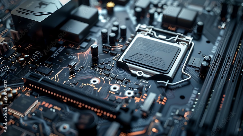 Close-Up View of a Motherboard's Complex Circuitry Close-Up View of a Motherboard's Complex Circuitry
