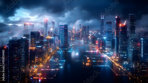 Worms-eye view of a bustling Isekai city with neon-lit skyscrapers, digital pathways resembling blockchain networks, CG 3D, futuristic ambiance, dynamic and immersive environment, photorealistic