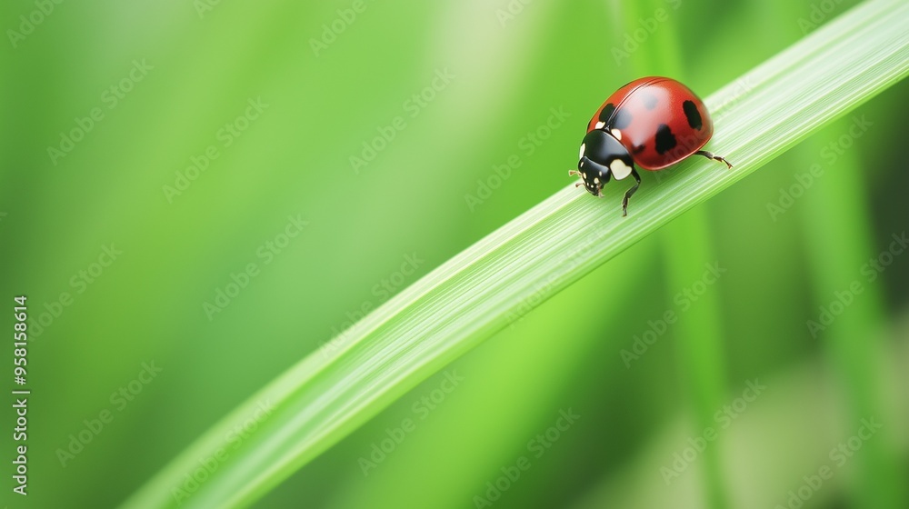A ladybug delicately perched on the edge of a vibrant green leaf, with a beautifully blurred background highlighting its red and black spotted shell. A ladybug delicately perched on the edge of a vibrant green leaf, with a beautifully blurred background highlighting its red and black spotted shell.
