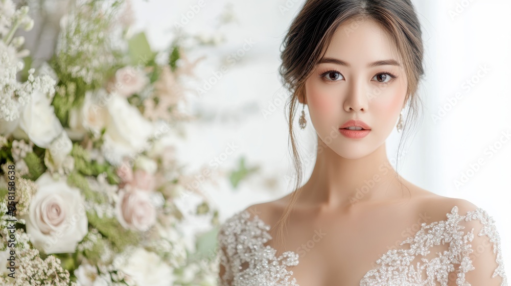 Radiant Southeast Asian bride with soft curls, wearing a beaded wedding dress, standing against a light background, elegant and refined, medium shot Radiant Southeast Asian bride with soft curls, wearing a beaded wedding dress, standing against a light background, elegant and refined, medium shot