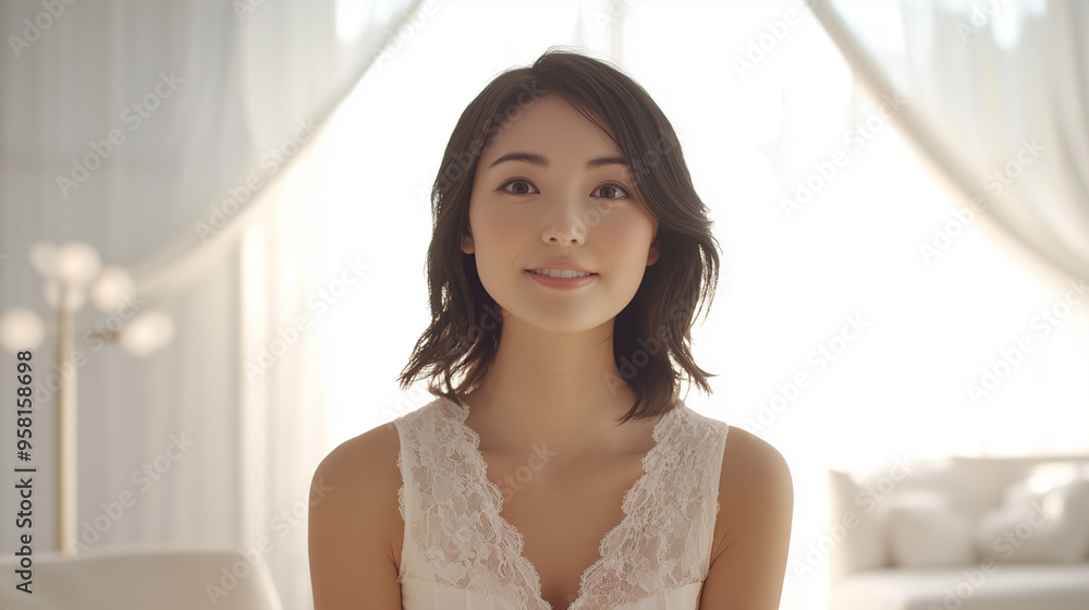 Serene Japanese Woman Smiling at Camera in Bright White Room with High Ceiling and Elegant Decor Serene Japanese Woman Smiling at Camera in Bright White Room with High Ceiling and Elegant Decor