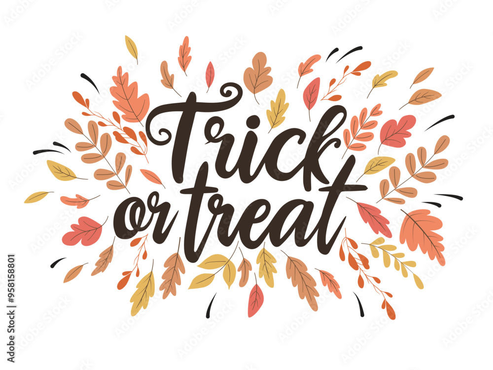 Lettering with a text Trick or Treat with a fall leaves around it. Vector illustration isolated on white background Lettering with a text Trick or Treat with a fall leaves around it. Vector illustration isolated on white background