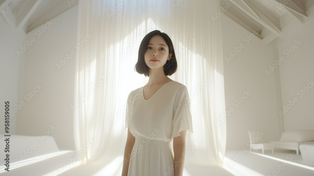 Serene Japanese Woman Smiling at Camera in White Room with High Ceiling and Light from Window Serene Japanese Woman Smiling at Camera in White Room with High Ceiling and Light from Window