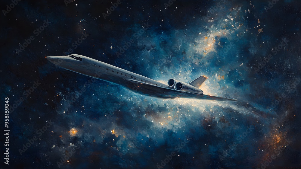 Fototapeta premium An oil painting of a sleek plane slicing through a star-filled night, the darkness lit by starlight and the plane's soft glow, creating a dreamlike atmosphere