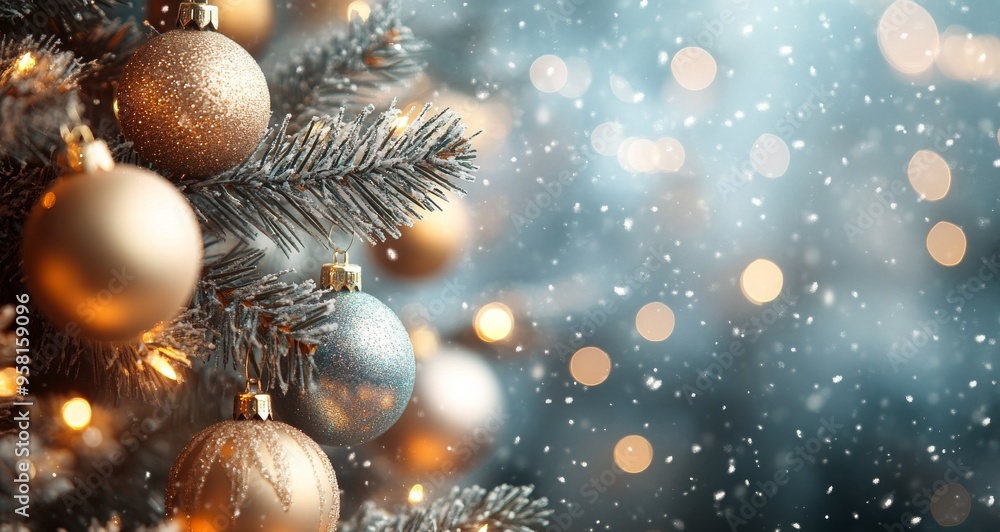 Adorned Christmas tree with golden ornaments and falling snowflakes on a festive winter evening Adorned Christmas tree with golden ornaments and falling snowflakes on a festive winter evening