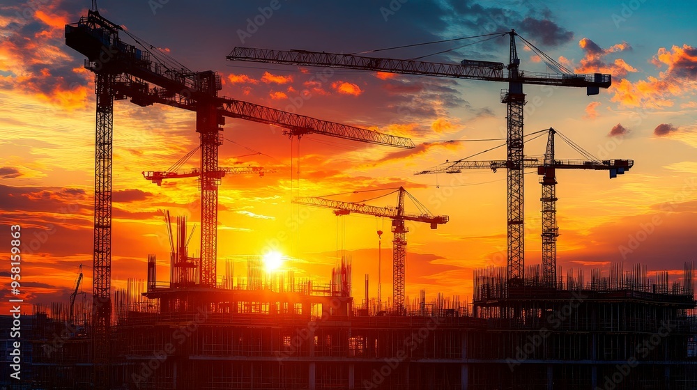 Fototapeta premium A dramatic view of a construction site with cranes silhouetted against a sunset, capturing the scale and industrial nature of large-scale building projects.