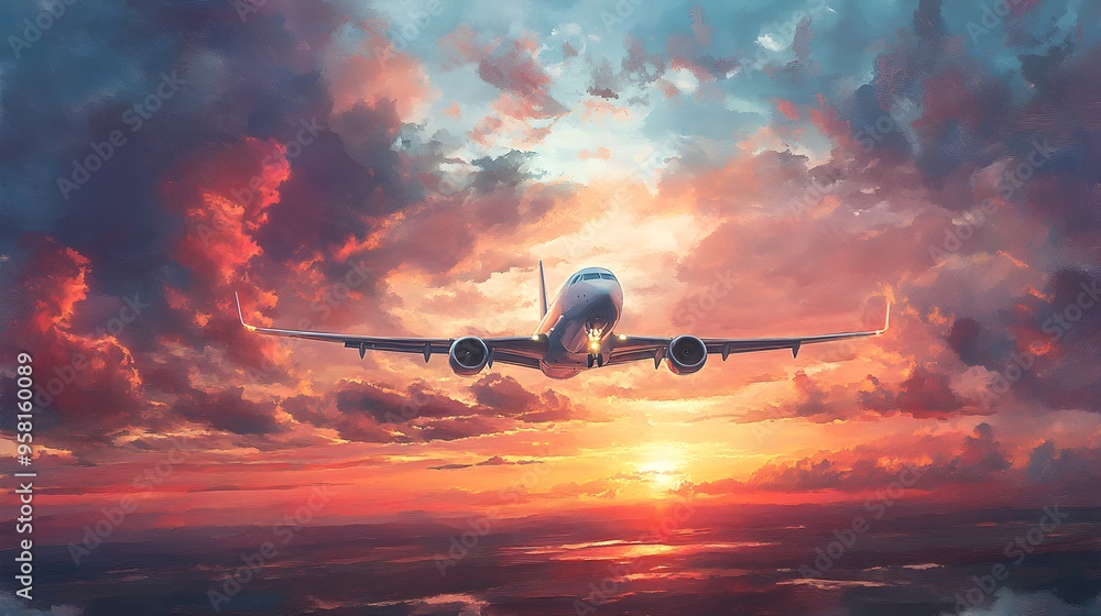 Fototapeta premium The jet plane races across a watercolor sunset, the soft, flowing colors of the sky contrasting with the sleek, metallic sheen of the aircraft