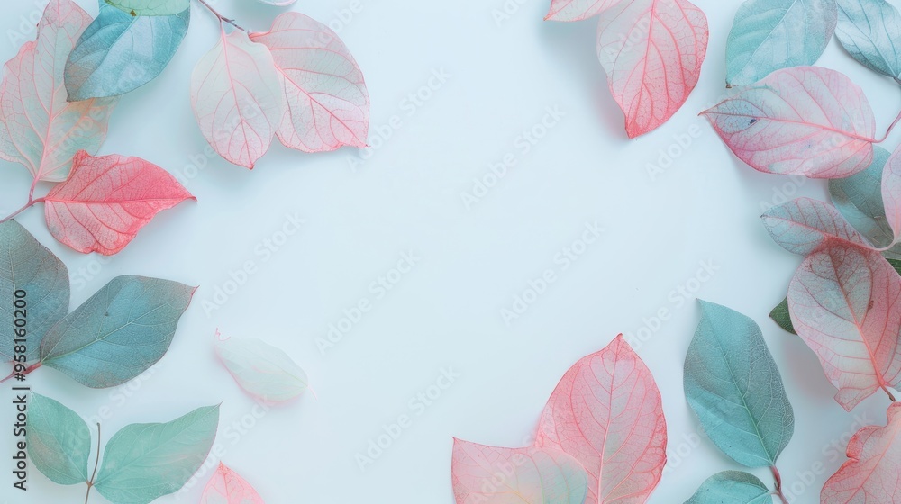 Fototapeta premium GES pastel colored leaves on a light background with copy space for text, in a top view.
