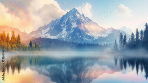 Mountain Reflection,  A majestic mountain peak rises above a tranquil lake, reflecting the vibrant colors of a rainbow and enveloped in soft, swirling fog