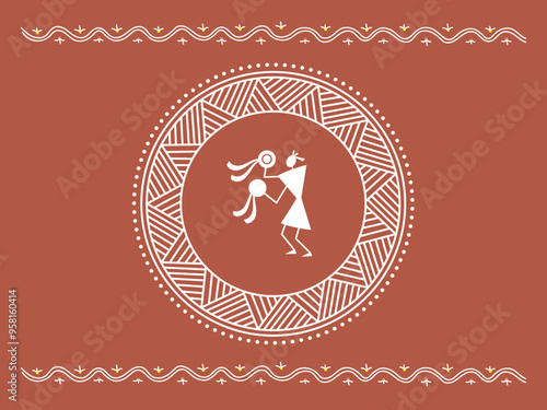 Traditional Indian ornament and kartal player. Sora art of idittals or warli painting.	