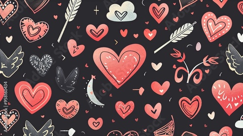 Seamless Pattern with Hand Drawn Hearts, Arrows, and Other Romantic Elements