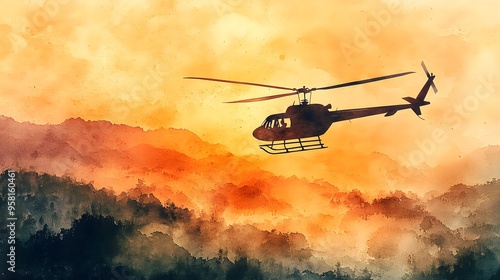 A delicate watercolor depiction of a helicopter in harmony with an airplane, gliding through soft pastel skies, their silhouettes framed by a golden sunset