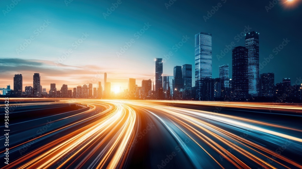 POV from a car on a busy urban highway, motion blur of passing vehicles, city skyline in the background, capturing the fast-paced travel POV from a car on a busy urban highway, motion blur of passing vehicles, city skyline in the background, capturing the fast-paced travel