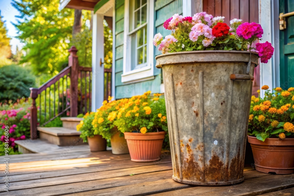Photo image of a worn plastic trash can with a rusty handle left on the porch of a cozy suburban home surrounded by blooming flowers. Photo image of a worn plastic trash can with a rusty handle left on the porch of a cozy suburban home surrounded by blooming flowers.