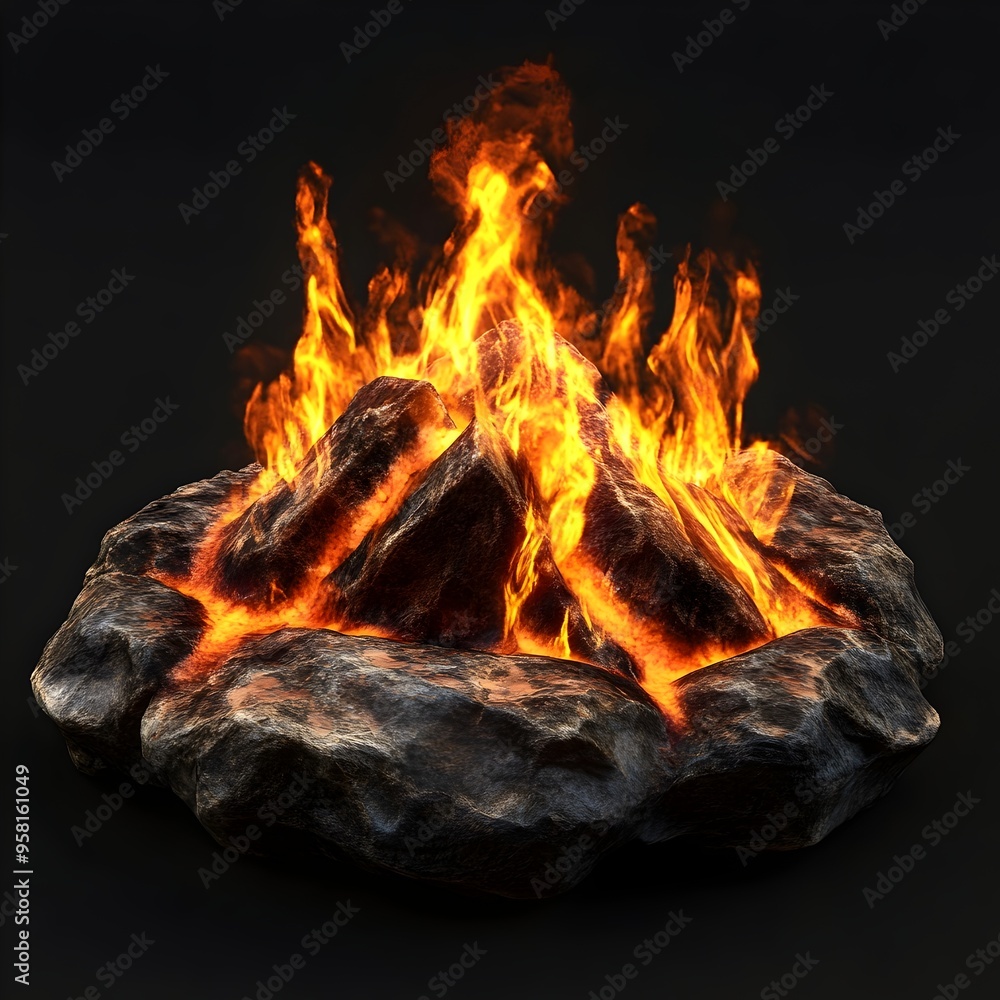 Fototapeta premium Intense 3D Rendering of Isolated Raging Fiery Flames and Embers Blazing on Rocks