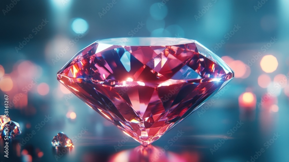 A Large Pink Diamond on a Blue and Pink Background with Bokeh A Large Pink Diamond on a Blue and Pink Background with Bokeh