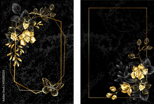 Floral cover, frame with gold line pattern decorated with jeweled, gorgeous, golden and black orchids with black and gold pistachio sprigs on black textured background. Design with gold and black orch