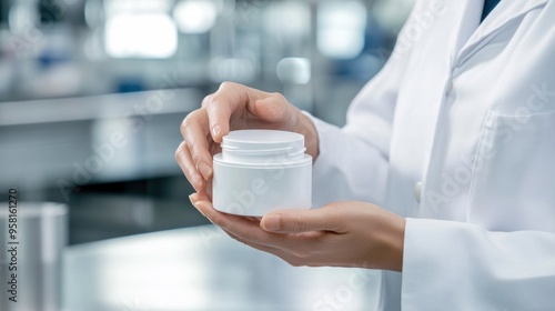 Detailed shot of a technician in a bright lab coat, carefully examining a high-end cosmetic container, highlighting the thorough quality assurance process