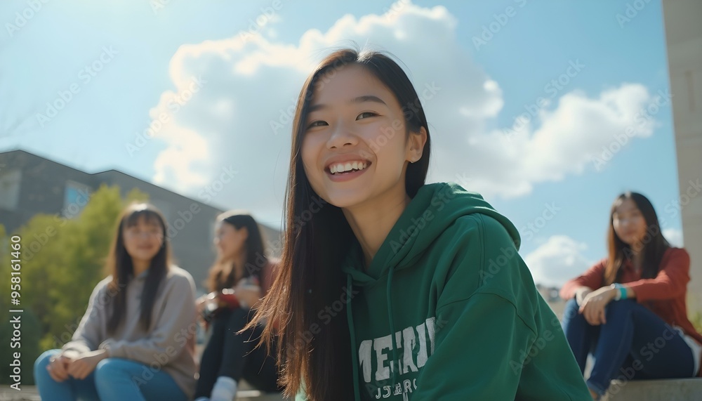Asian woman is at university with her friends