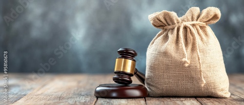 Close-up of a judge s gavel next to a money bag, symbolizing the imposition of fines for legal offenses, highlighting the financial aspect of penalization photo